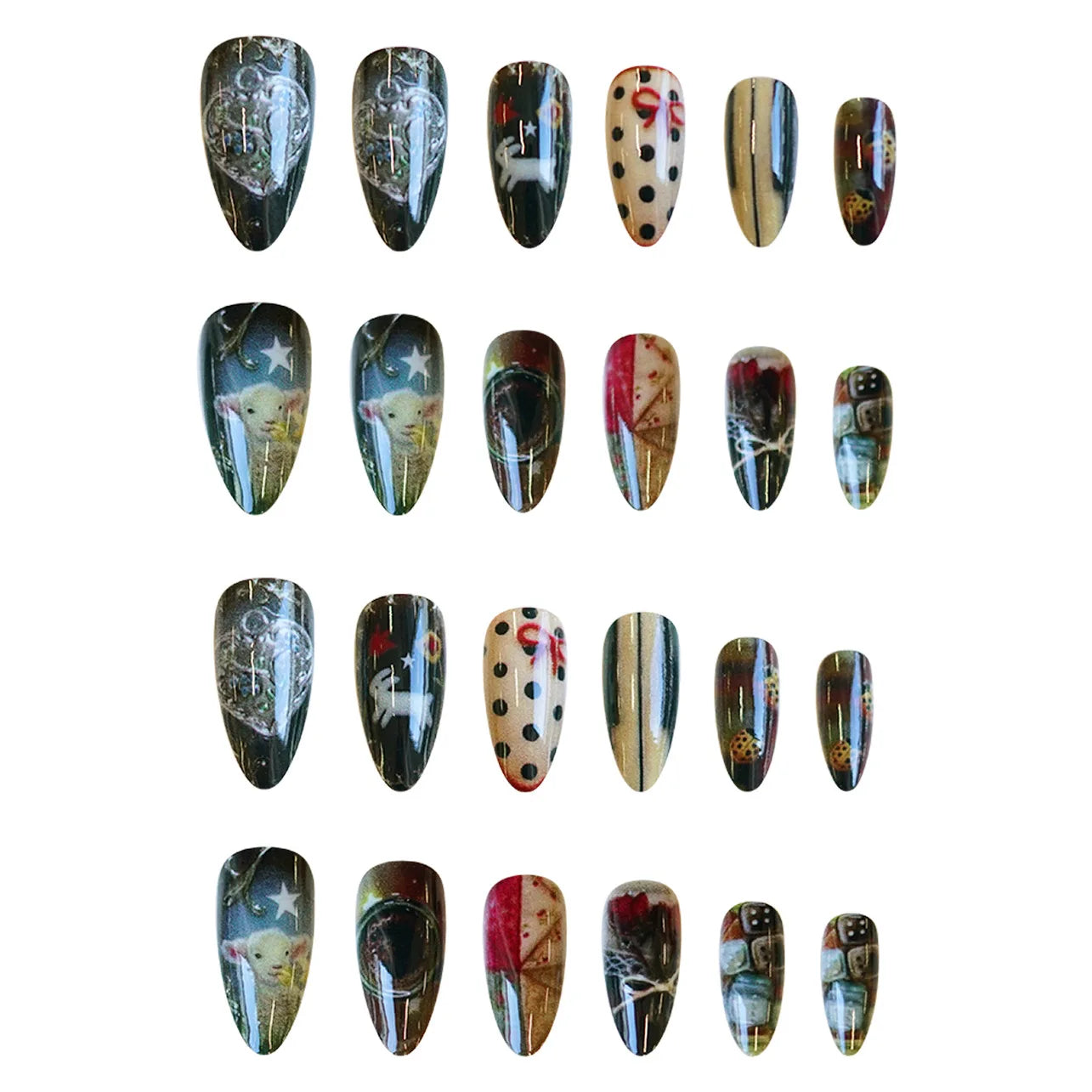 24pcs Vintage Country Style False Nails Cute Cartoon Little Lamb Rabbit Rose Printed Press On Nails Wave Point Bows Fake Nail.