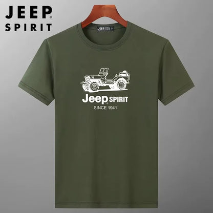 JEEP SPIRIT Mens T-shirt Summer 100%Cotton 230g Heavy Print Sports Breathable Round Neck Top Loose Solid Short Sleeve