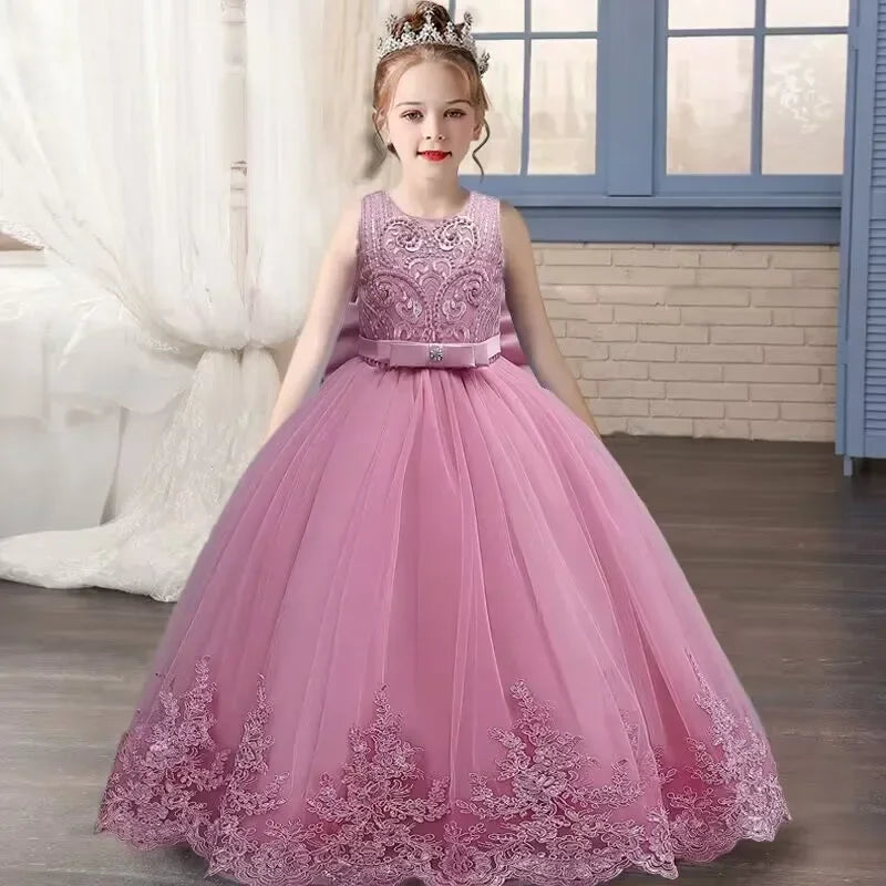 Gesticktes Mesh-Hochzeitskleid, Blumenmädchen-Performance-Mädchenkleid, 4–12 Jahre altes Mädchen-Prinzessinnenkleid mit großer Schleife.