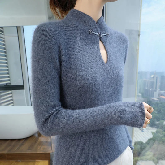 2024 autumn winter new 100% mink cashmere sweater women's pullover slim-fit long sleeve solid color stand collar bottom knitwear.