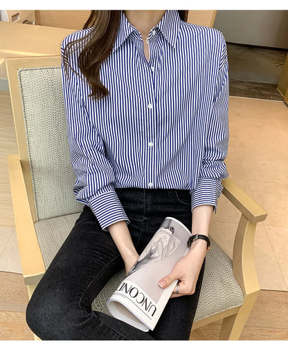 1pcs Woman Four Season Stripe Shirts Lady Casual Long Sleeve Turn-down Collar Loose Shirt Female Business Attire Korean Tops.