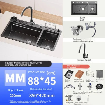 Waterfall Kitchen Sink Stainless Steel Multifunctional Undermount Washbasin Double Slot Dishwashing Sinks
