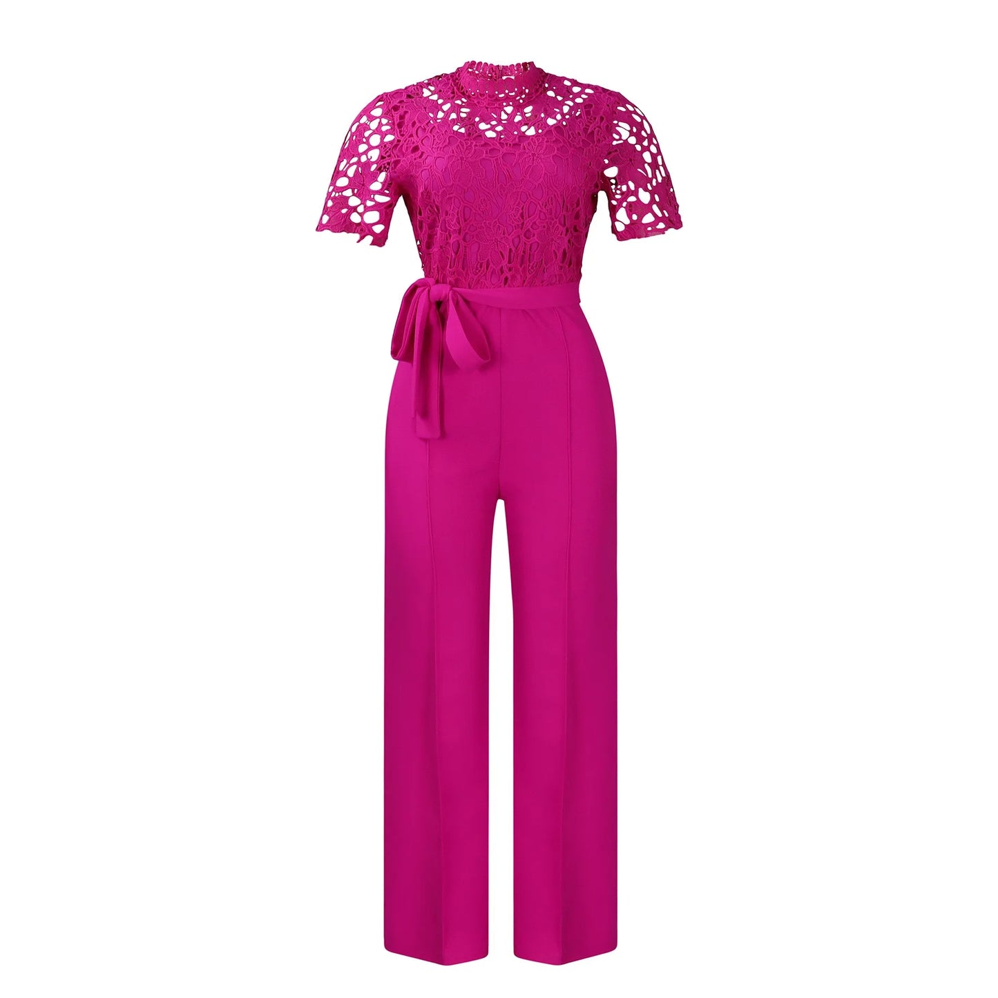 Elegant Jumpsuits & Rompers for Women O Neck Lace Patchwork Short Sleeve Sashes High Waisted Luxury Birthday Party Dinner Outfit