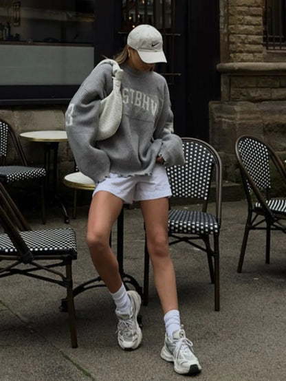 Trendy Lose Brief Jacquard Gestrickte Pullover frauen 2025, Herbst Neue Highstreet Grau Schwarz Weichen Pullover Hottie Vielseitige Stücke.