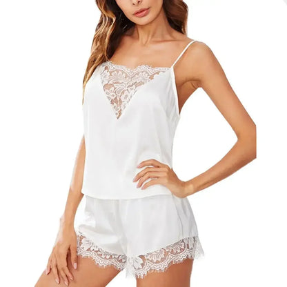 Spaghetti Strap Frauen Pyjama Set Weste Shorts Sexy Spitze Satin Leibchen Kurze Hosen Pyjamas für Frauen Nachtwäsche Set