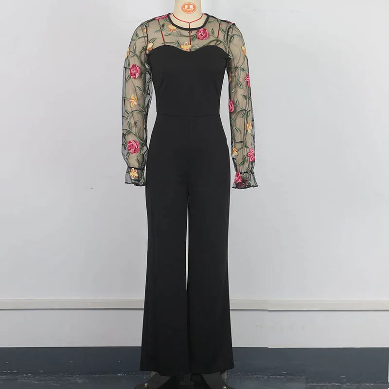 Spring Embroidery Floral jumpsuit Women Mesh long sleeve patchwork one piece set Elegant slim high waist wide leg Romper.