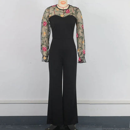 Spring Embroidery Floral jumpsuit Women Mesh long sleeve patchwork one piece set Elegant slim high waist wide leg Romper.