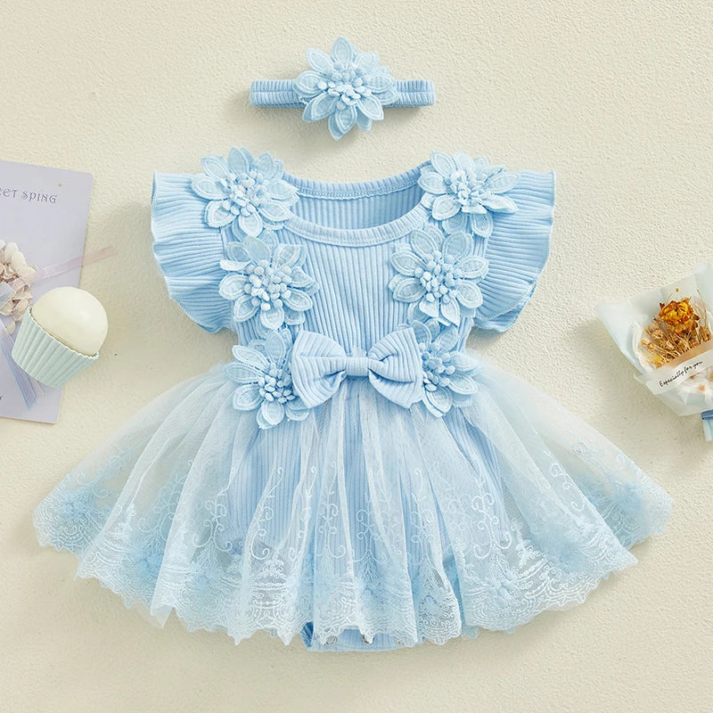 Visgogo Neugeborenen Baby Stram pler Kleid 2 Stück Outfits Mesh Spitze Patchwork Rüschen Bodysuit und Stirnband süße Sommerkleid ung.