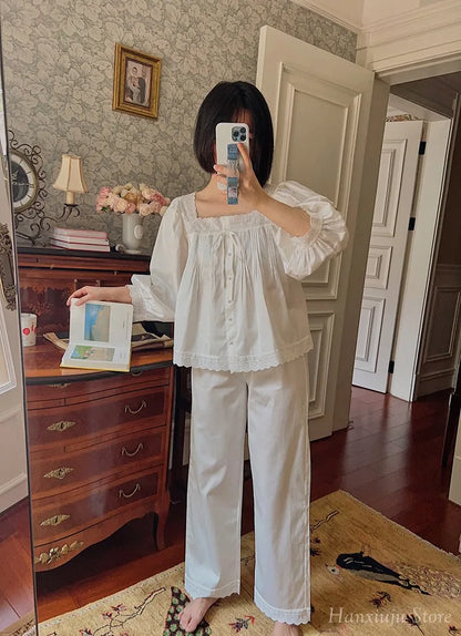 Sweet Spring Autumn Pure Cotton Women's Long Sleeve Pajama Set Loose Female Sleepwear Suits Royal Pyjama Home Wear Plus Size.