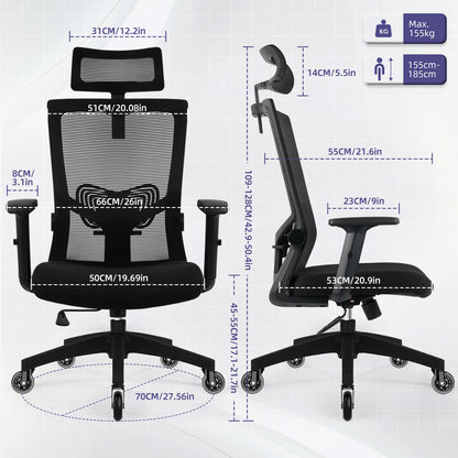 AUTHMIC Ergonomischer Bürostuhl aus Netzstoff, verstellbarer, drehbarer Computer-Schreibtischstuhl mit Liegestuhl 90er ° -135 Lordosenstütze für das Heimbüro