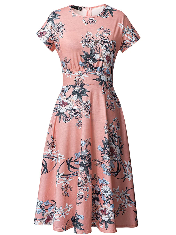 Nice-forever Vintage Elegante Blumen Druck Plissee Rundhals vestidos A-Line Pinup Business Party Frauen Flare Swing Kleid A102