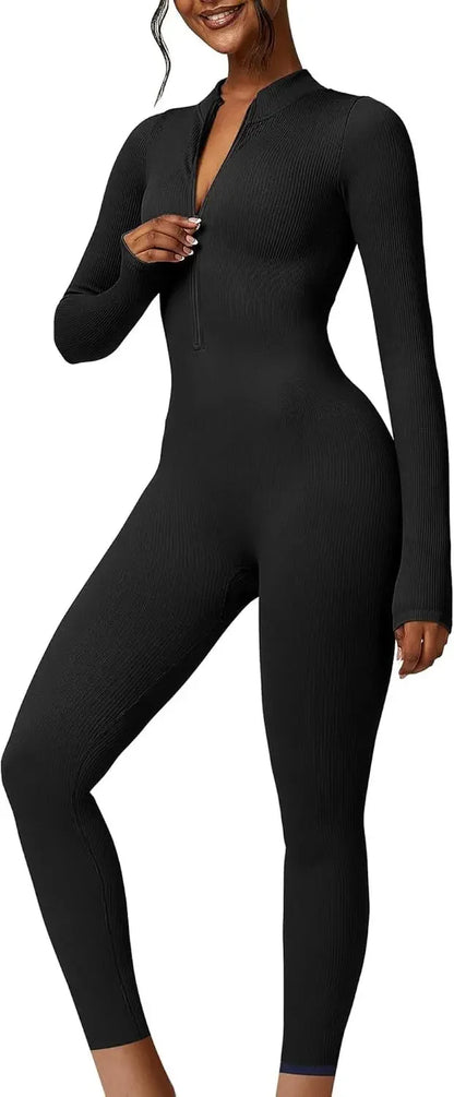 Seamless Long Sleeve Yoga Suit Waist-Fitted Shaping Trousers Casual Sports One-Piece Zippered Fitness Wear.