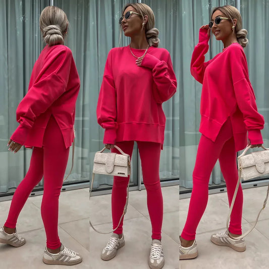 Women Pant Sets Two Pieces Tracksuit Solid Loose Sweatshirts Split Pullover Pencil Pants High Street Autumn Winter 2024.