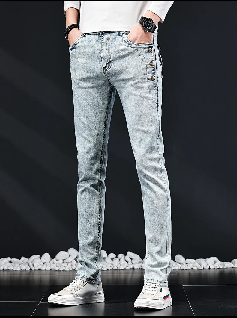Slim Skinny Jeans Men New Elastic Korean Design Fashion Multi-Button Blue White Vintage Wash Cotton Stretch Denim Pants Trousers.