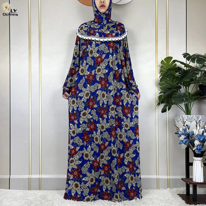 Muslim Ramadan Prayer For Women Long Sleeved Floral 2023Dubai Turkey Middle East Femme Loose Robe African Abayas Headscarf Dress.