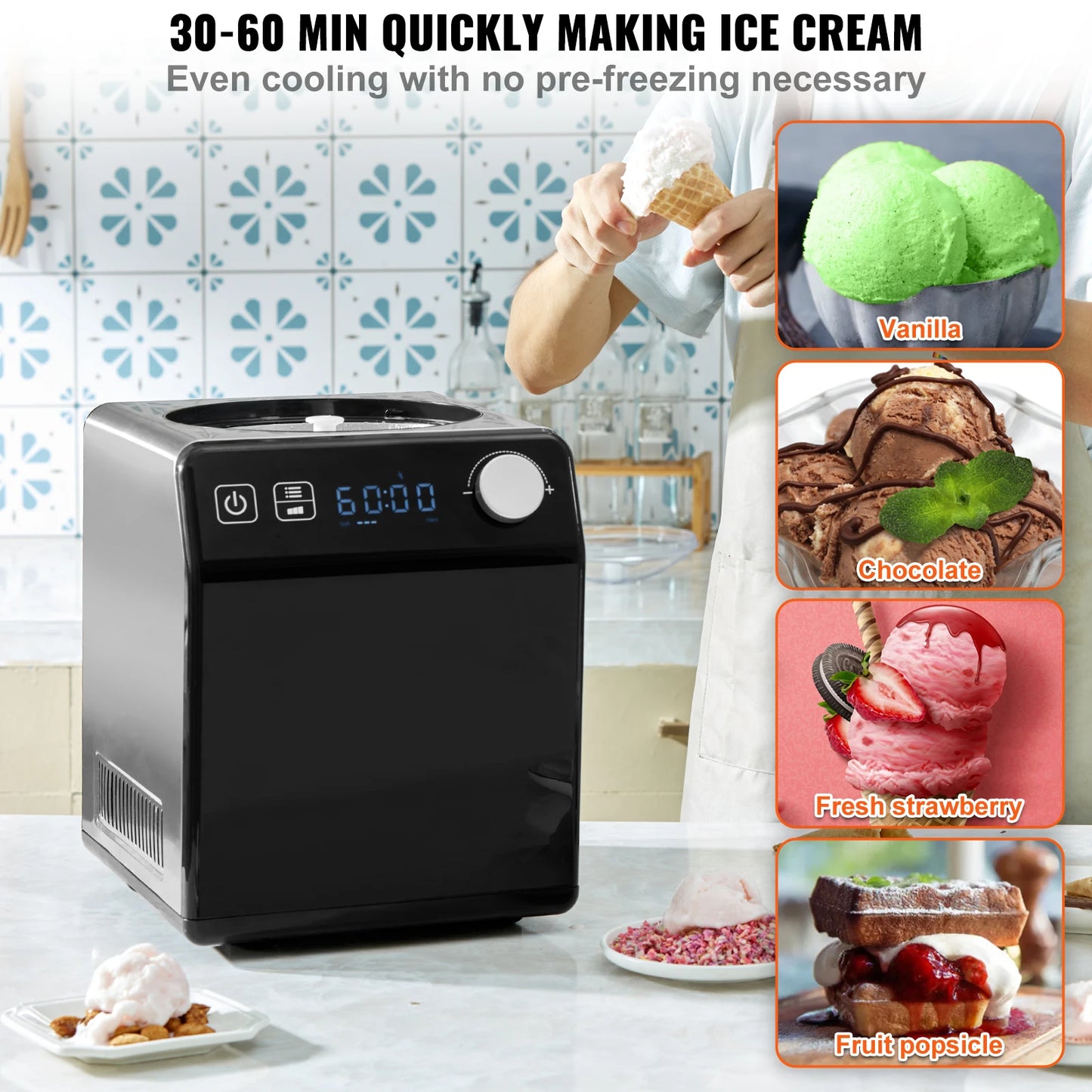 SucceBuy Upright Automatic Ice Cream Maker with Built-in Compressor 2 Quart No Pre-freezing Fruit Yogurt Machine 4 Modes.
