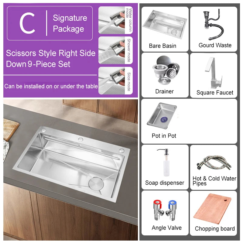 304 Stainless Steel Kitchen Sink Silver Embossed Large Single Slot Home Improvement Multifunction Wash Basin For Kitchen