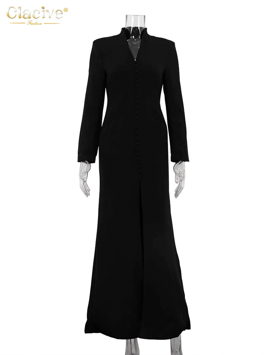 Clacive Sexy schlankes weißes Damenkleid 2025, modisches V-Ausschnitt, lange Ärmel, knöchellanges Kleid, elegantes, klassisches, geschlitztes Damenkleid.