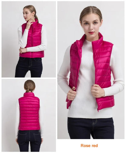 0-10 ℃   Frauen Westen Herbst Winter Ultra Licht Ente Unten Weste Weibliche Dünne Ärmellose Jacke Winddicht Warme Puffer Weste 4XL.