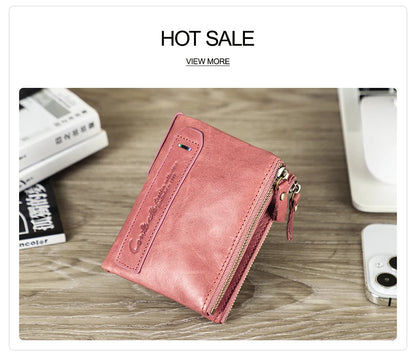 Fashion Genuine Leather Women Wallet Bi-fold Wallets Red ID Card Holder Coin Purse With Double Zipper Small Women's Purse 2022