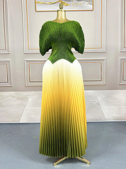 Women Plus Size Gradient Color Long Skirts And Tops Pleated 2 Piece Outfit Luxury Dubai Prom 2025 Casual For Female Fashion Sets.