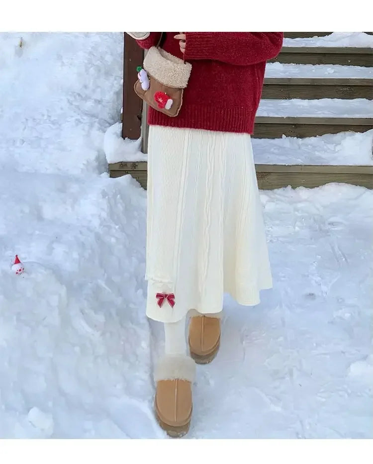 Clothes for Women Autumn Winter Japanese Style Kawaii Sweet Chic Knitted Skirts Female High Waist Solid Loose A-line Midi Skirt.