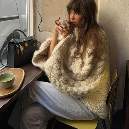 Oversize Stricken Pullover Frauen Casual Faul Rundhals Knick Solide Pullover Weibliche Herbst Winter Lose Ärmeln Strickwaren Dame.