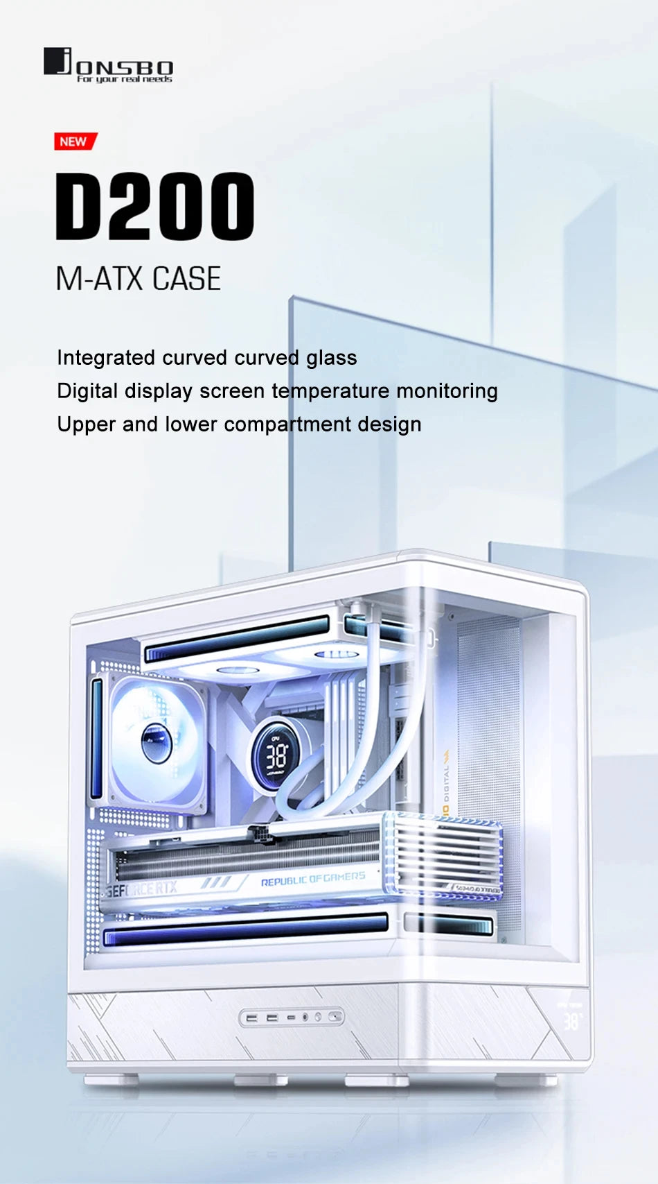 JONSBO D200 MATX Case (Column-Free Curved Sea View/240 Radiator/ATX Power Supply/Digital Display/Type-C Gen2 10Gbps+).
