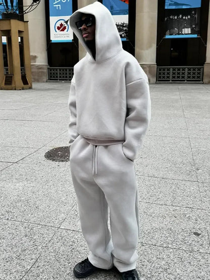 Solid Couple's Hooded Sweatshirt 2 Piece Set Casual Loose Sweatpants Suit Autumn Male Jogging Sweatshirt Trousers Outfits Suits.