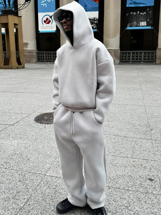 Solid Couple's Hooded Sweatshirt 2 Piece Set Casual Loose Sweatpants Suit Autumn Male Jogging Sweatshirt Trousers Outfits Suits.