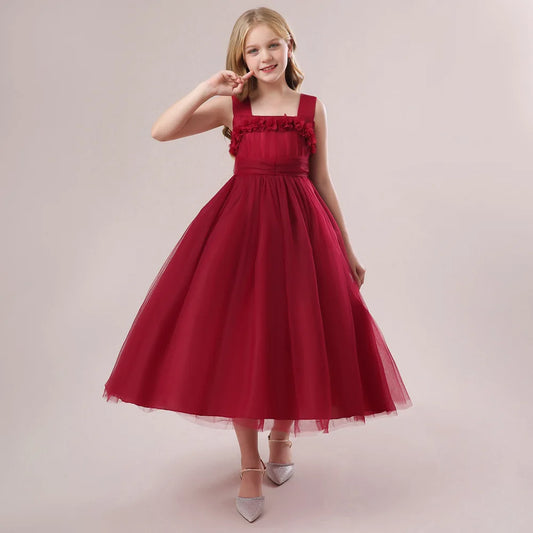 Mädchen Partykleider Weiß Langes Hochzeit Brautjungfer Prinzessin Kleid Abend Tüllkleid Abschlussball Klavier Performance Kleid.