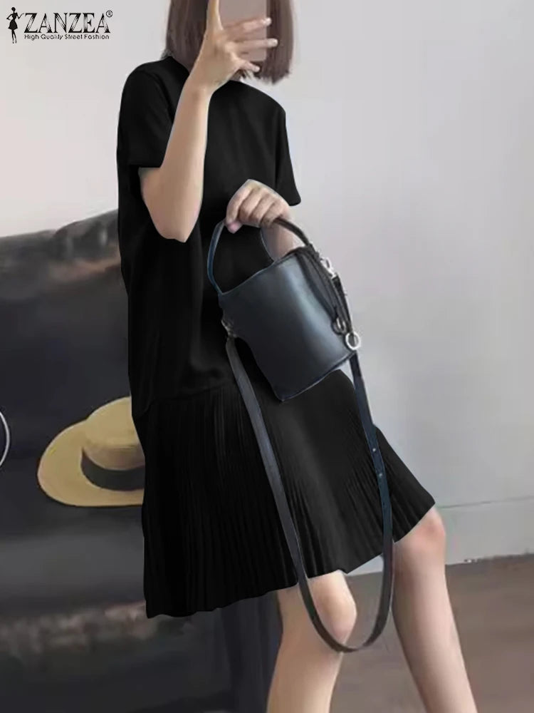 Zanzea lässig solide plissierte Kleid Frauen Sommer Kurzarm knielange Robe 2024 koreanische lose einfache Patchwork Vestido Overs ize.