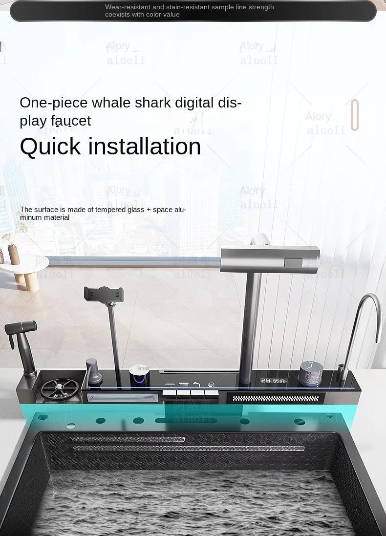 Kitchen 304 Stainless Steel Waterfall Sink, Large Single Slot, Digital Display Embossed Washing Basin Household Dishwashing Sink