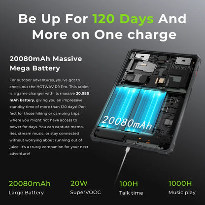 HOTWAV R9 Pro Rugged Tablet Android 14 11" FHD+ 20080mAh Pad 64MP Rear Camera 6GB 256GB Tablet PC With Super Camping light.