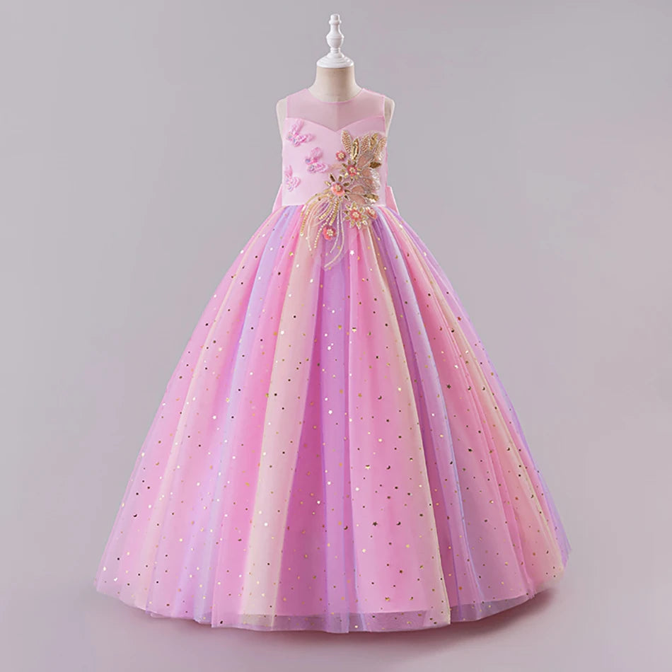 Elegantes, ärmelloses Tüll-Ballkleid für Kinder, Bühnenaufführungen, Hochzeiten, Weihnachten, Mädchenkleider, Mädchen-Prinzessin-Partykleider.