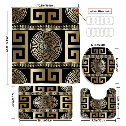 4-teiliges Badezimmer-Set, wasserdichter Stoff-Duschvorhang im Palast-Stil mit 12 Haken, rutschfeste Badezimmermatte, U-förmige Toilettendeckelabdeckung