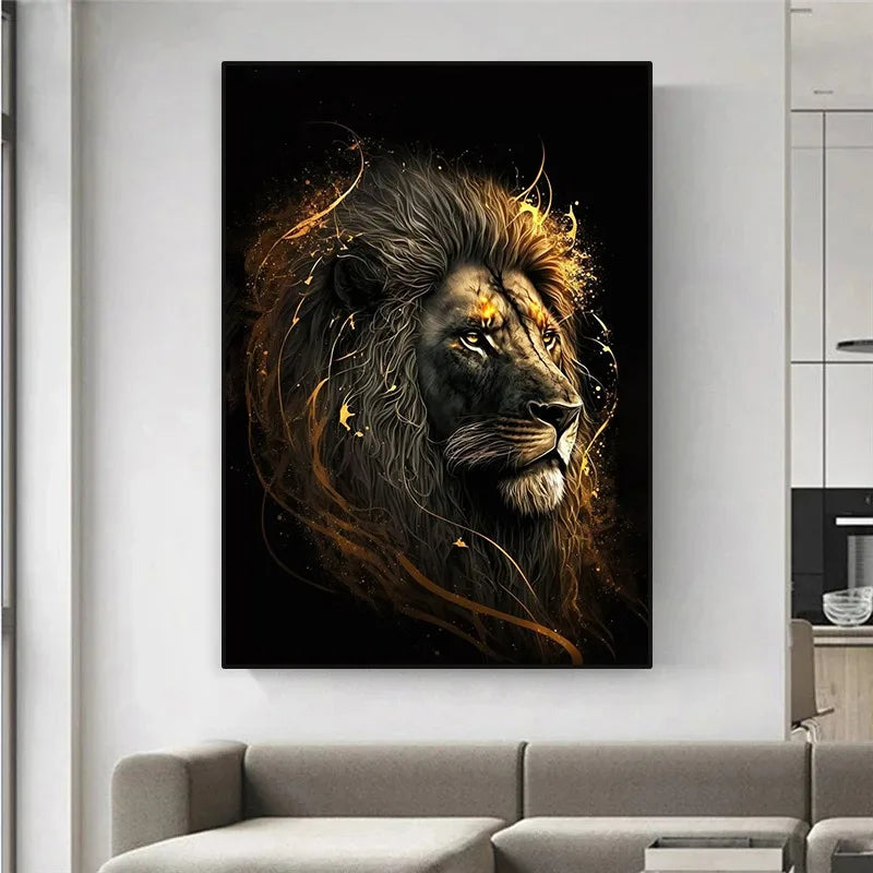 Black and Golden Light Lion Posters Modern Animal Canvas Painting Picture  Wall Art for Living Room Home Decoration No Frame.