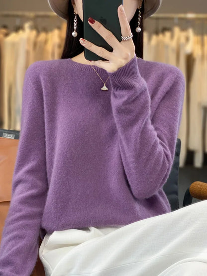 100% Merino Wool Sweater Women O-neck Cashmere Knitwear Female Pullover Autumn Winter Casual Tops Solid Color Soft  Clothing