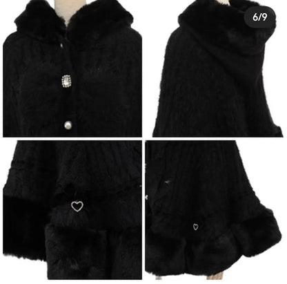 Japanische Liz Süße Prinzessin Faux Kaninchen Fell Cape Mantel Frauen Herbst Winter Pelz Jacke Lose Uhr Strass Bogen Mit Kapuze Mantel