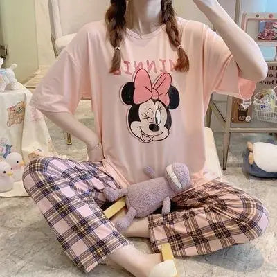 Sommer Pooh Bär Nachtwäsche frauen Lose Bequeme Cartoon Print Hause Kleidung Set Kurzarm Nachthemd Mickey Pyjama Set