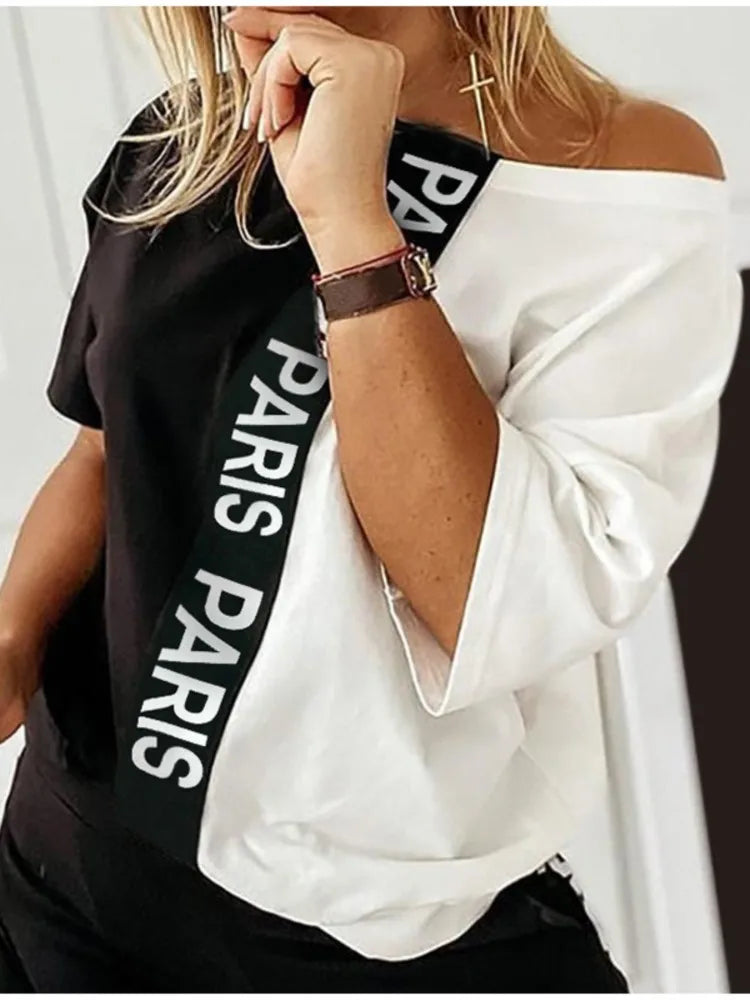 2023 Women's Spring Summer Sportswear Two-piece Set With Patchwork Letters Short Sleeved Long Pants Casual Women's Two-piece Set.