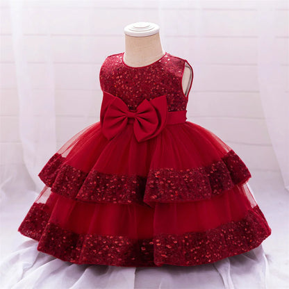 Kleinkind Rot Pailletten Mesh Kleid Mädchen Baby Einfarbig Neue Jahr Party Formale Kostüm Leistung Prinzessin Kleid Geburtstag Kleidung.