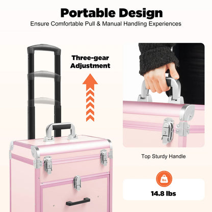 3 in 1 Rolling Makeup Case with Drawer, Large Makeup Case Organizers, Profesional Cosmetic Case for Salon Barber, Light Pink.