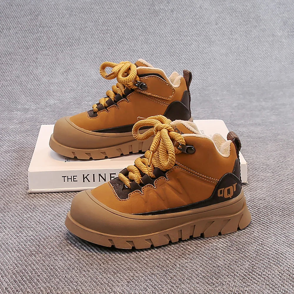 Winter Plush Boots For Children PU Leather Waterproof Boy's Warm Cotton Shoes Thick Warm Platform Teenager Kid's Snow Boots