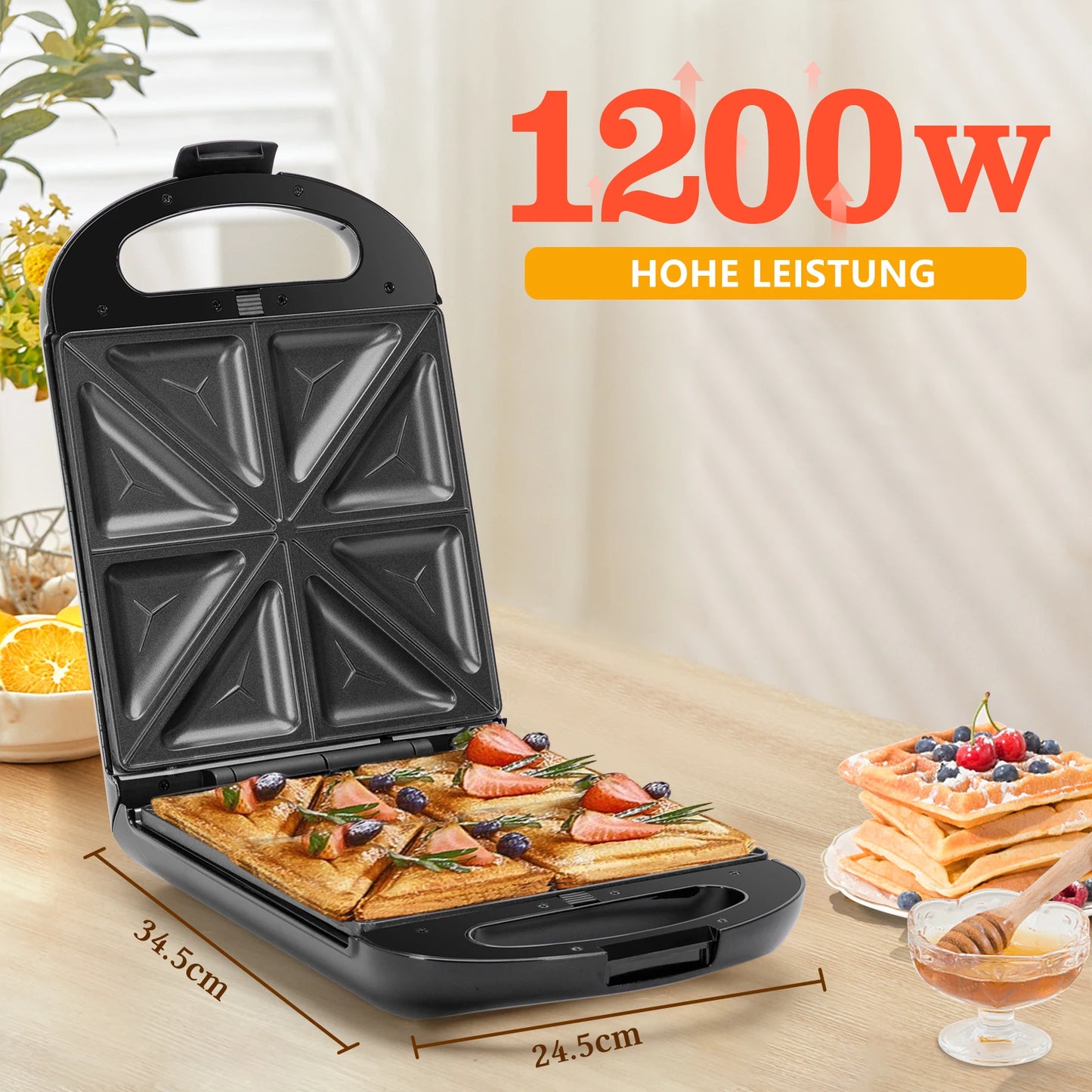 TAYLOR SWODEN 3-in-1 sandwich maker, waffle iron, baking tray, 1200 W, for 4 sandwiches, removable non-stick tray, 180° rotation.