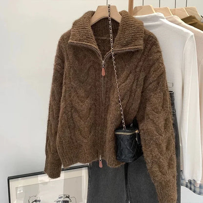 Women Autumn Winter New Lazy Style Loose Knitted Cardigan Retro Solid Color Double Zipper Turn-down Collar Sweater New Women Top
