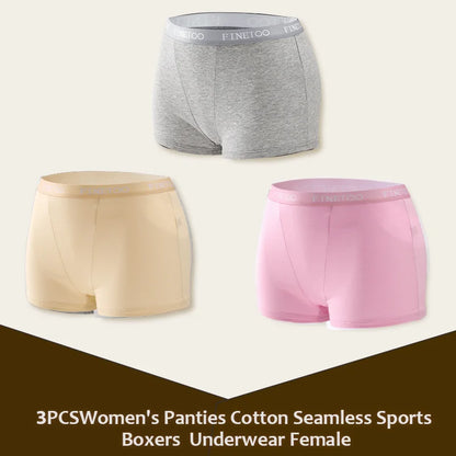 3Pcs Women's Panties Cotton Seamless Sports Boxers Underwear Female Solid Color Briefs Lingerie Intimate Underpant Finetoo S-XXL