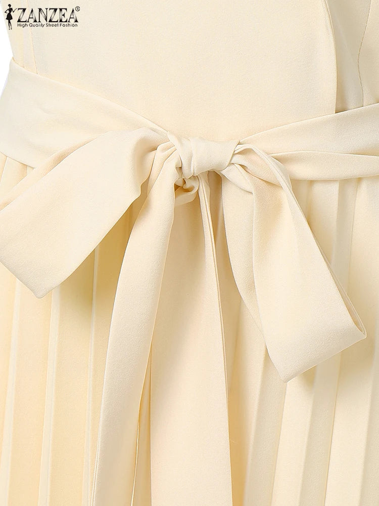 Fashion Women Jumpsuits 2025 ZANZEA Summer Rompers Elegant Wide Leg Work OL Overalls V Neck Sleeveless Pleated Playsuit Trousers