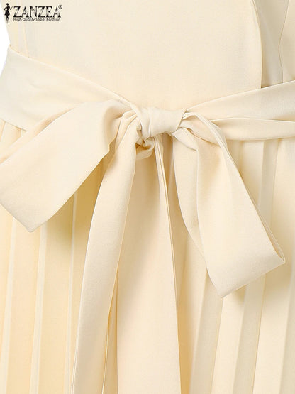 Fashion Women Jumpsuits 2025 ZANZEA Summer Rompers Elegant Wide Leg Work OL Overalls V Neck Sleeveless Pleated Playsuit Trousers