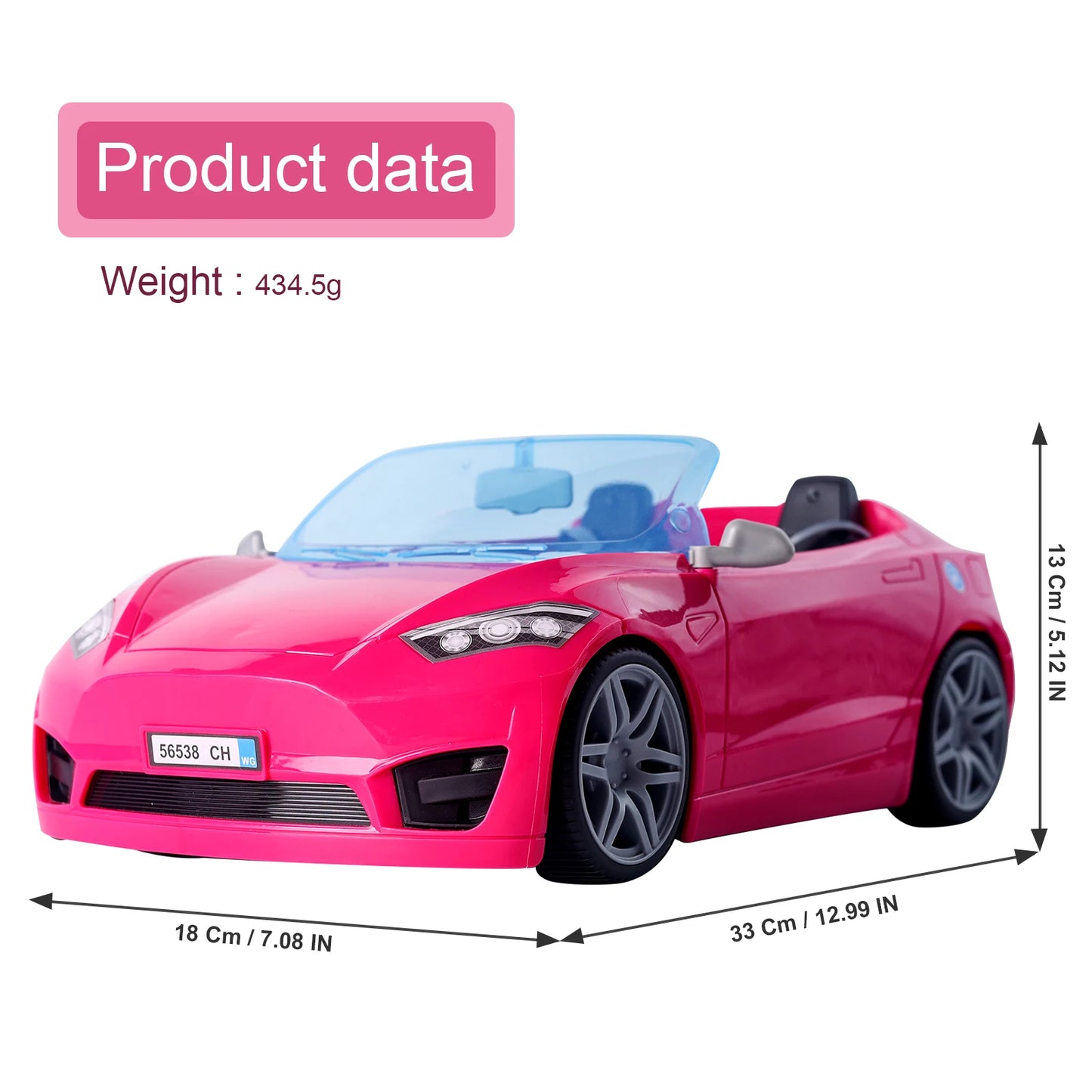 Doll Accessories Toy Car Playset Bright Pink Doll-Sized Convertible with 2 Seats Seatbelts & Rolling Wheels Realistic Details.